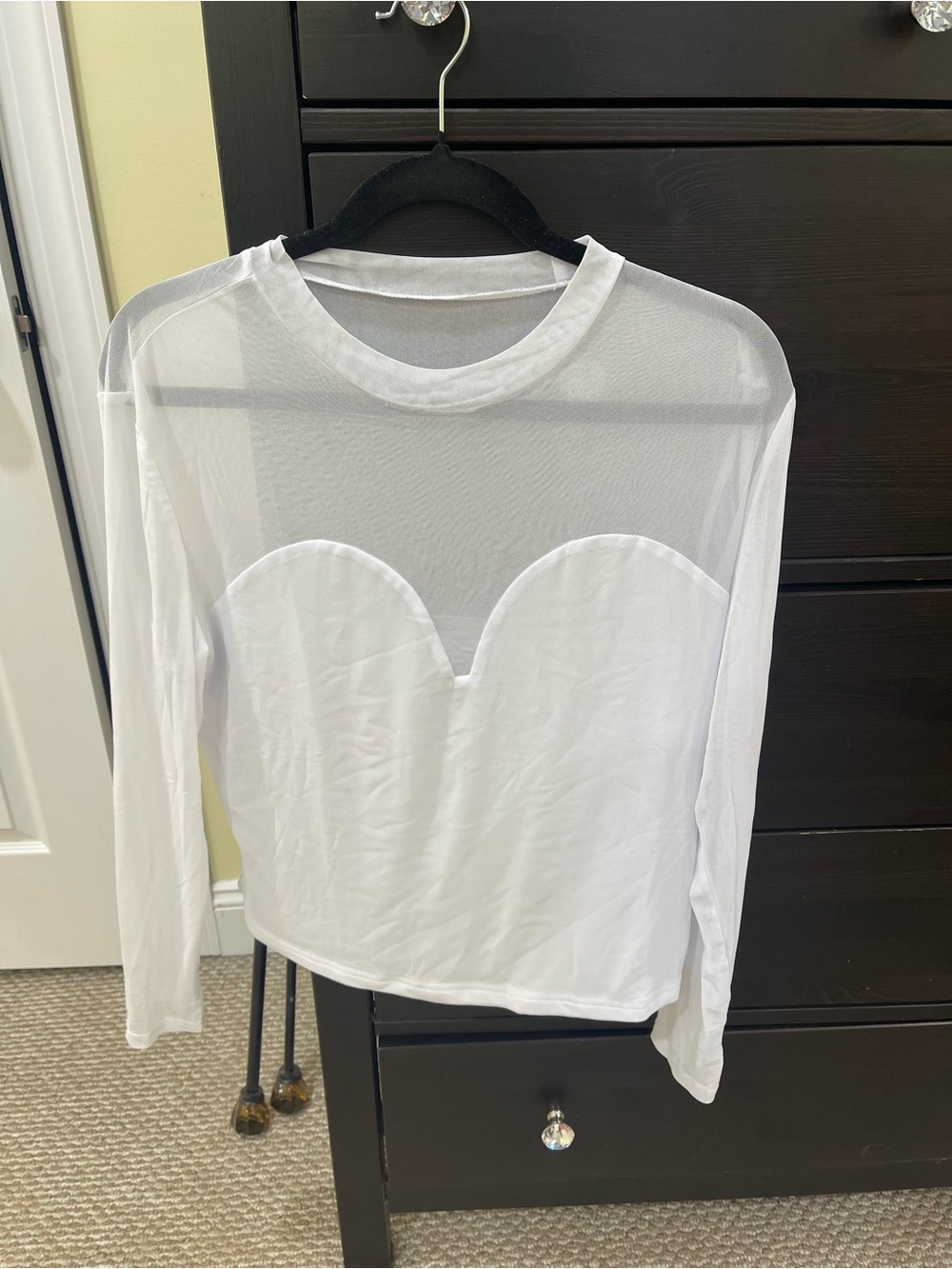 Women's White Long-Sleeve Sheer Paneled Top